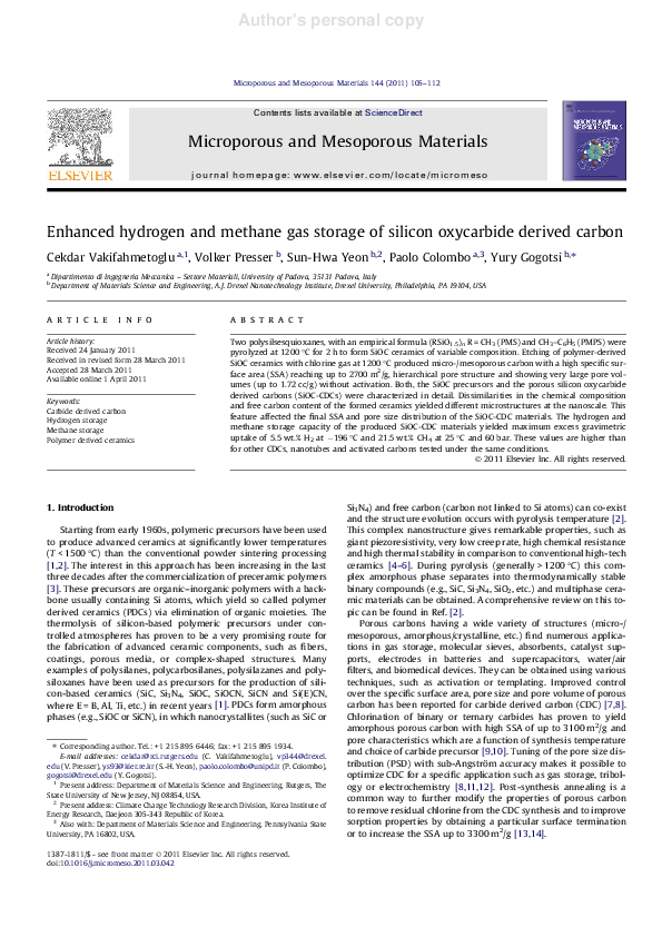 (PDF) Enhanced hydrogen and methane gas storage of silicon oxycarbide ...