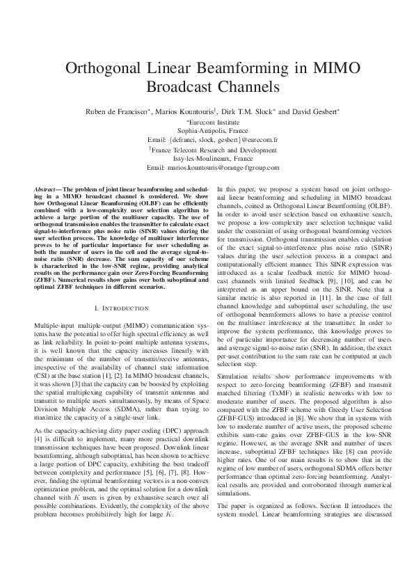 (PDF) Orthogonal Linear Beamforming in MIMO Broadcast Channels