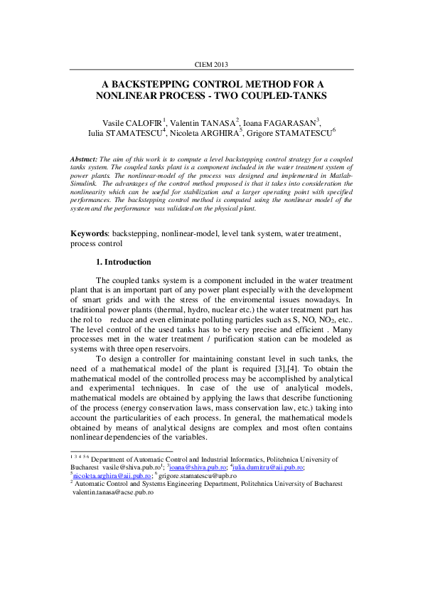 (PDF) A Backstepping Control Method for a Nonlinear Process-Two Coupled ...
