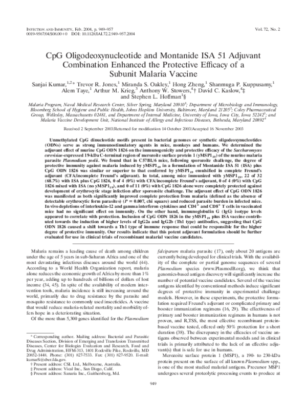 (PDF) CpG Oligodeoxynucleotide and Montanide ISA 51 Adjuvant ...