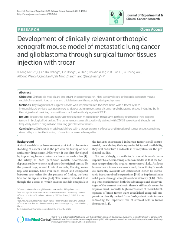 (PDF) Development of clinically relevant orthotopic xenograft mouse ...