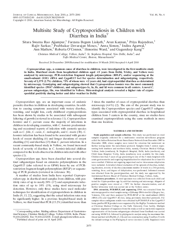 (PDF) Multisite Study of Cryptosporidiosis in Children with Diarrhea in ...