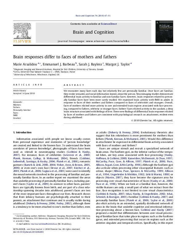 (PDF) Brain responses differ to faces of mothers and fathers