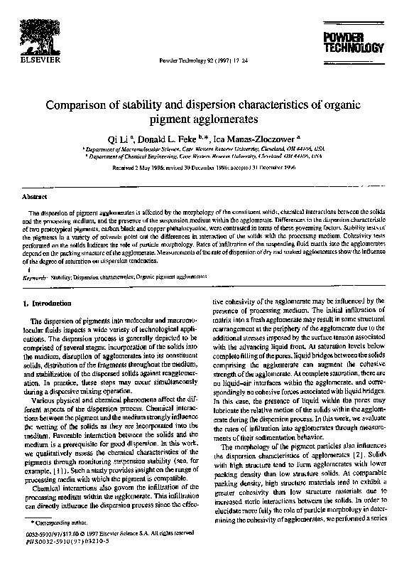 Comparison of stability and dispersion characteristics of organic pigment agglomerates