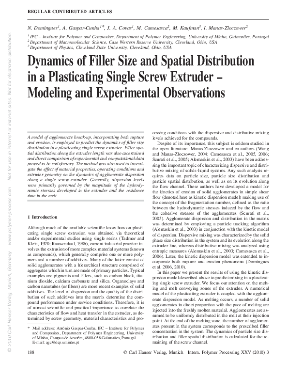 Dynamics of Filler Size and Spatial Distribution in a Plasticating Single Screw Extruder – Modeling and Experimental Observations