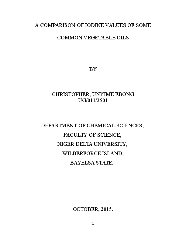 (DOC) A COMPARISON OF IODINE VALUES OF SOME COMMON VEGETABLE OILS