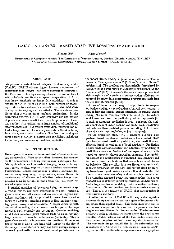(PDF) CALIC - A Context-based, Adaptive, Lossless Image Codec