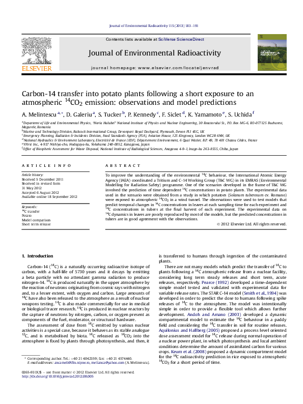 (PDF) Carbon-14 transfer into potato plants following a short exposure ...