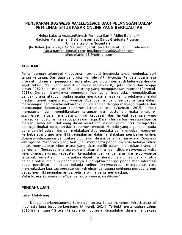 Doc Penerapan Business Intelligence Bagi Pelanggan Dalam Pemilihan Situs Pasar Online Yang Berkualitas Helga Laksita Asastani Academia Edu