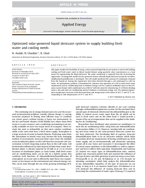 (PDF) Optimized solarpowered liquid desiccant system to supply building fresh water and cooling