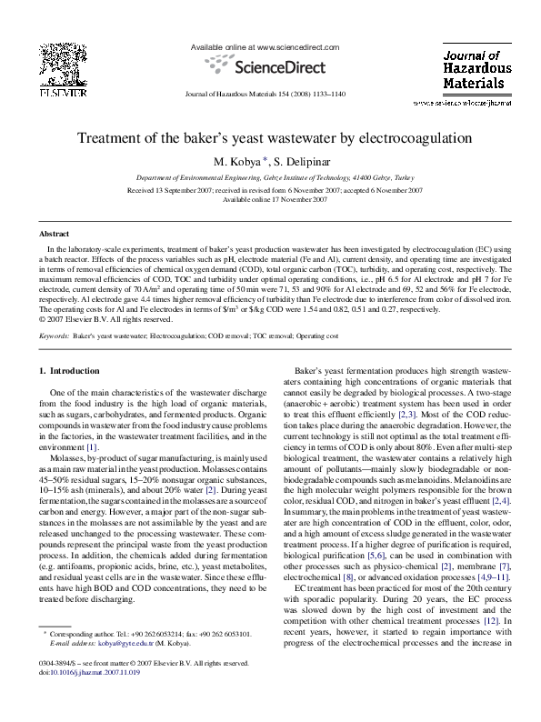 (PDF) Treatment of the baker's yeast wastewater by electrocoagulation