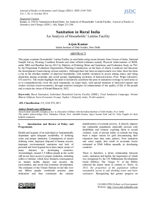 (PDF) Sanitation in Rural India An Analysis of Households’ Latrine Facility