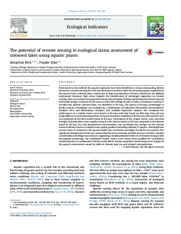 (PDF) The potential of remote sensing in ecological status assessment ...