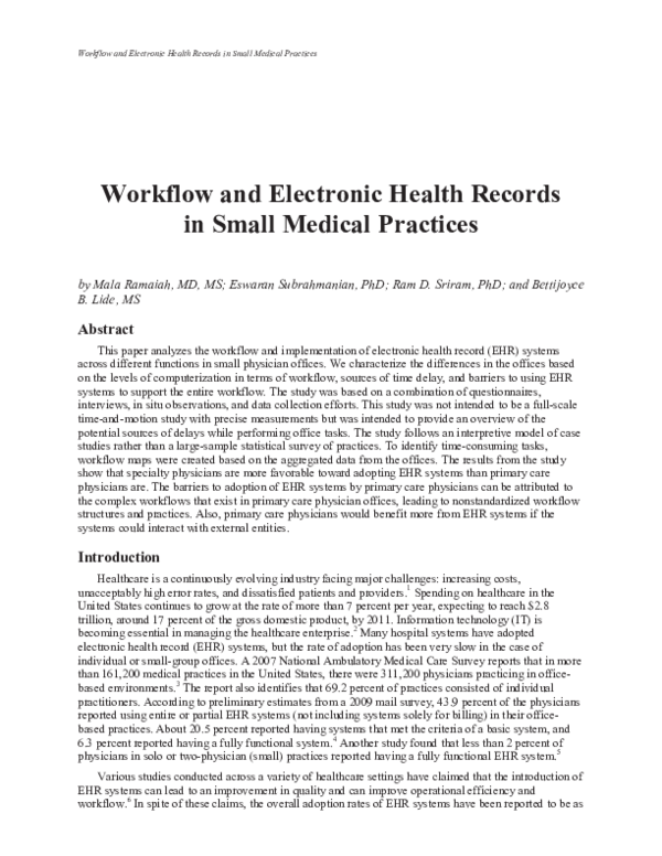 (PDF) Workflow and electronic health records in small medical practices