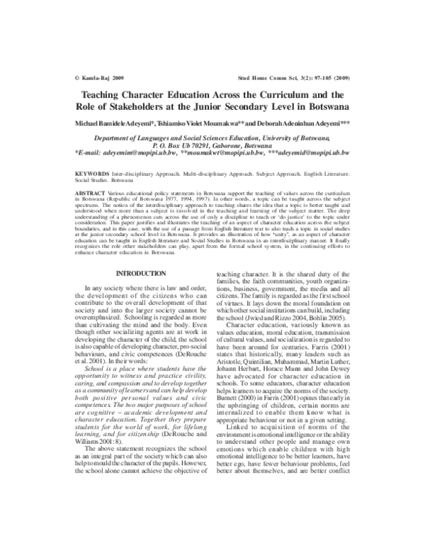 (PDF) Teaching Character Education Across the Curriculum and the Role ...