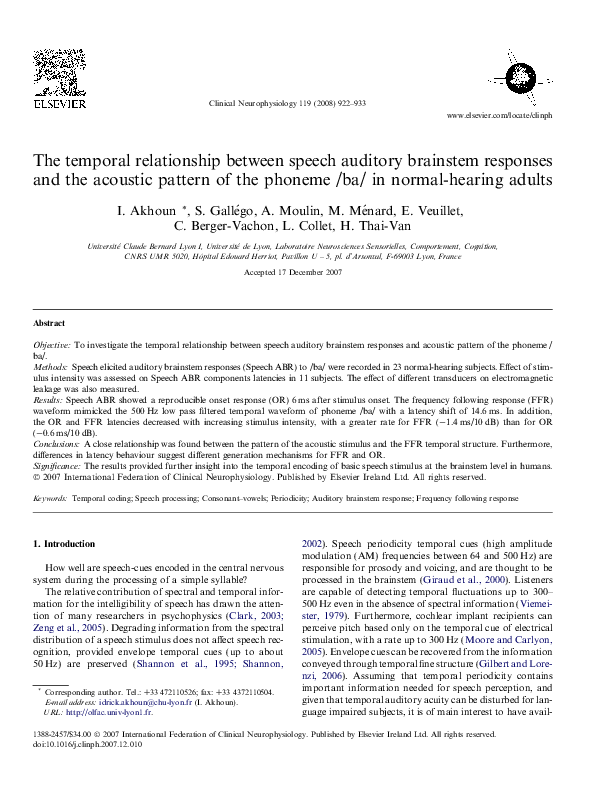 (PDF) The temporal relationship between speech auditory brainstem ...