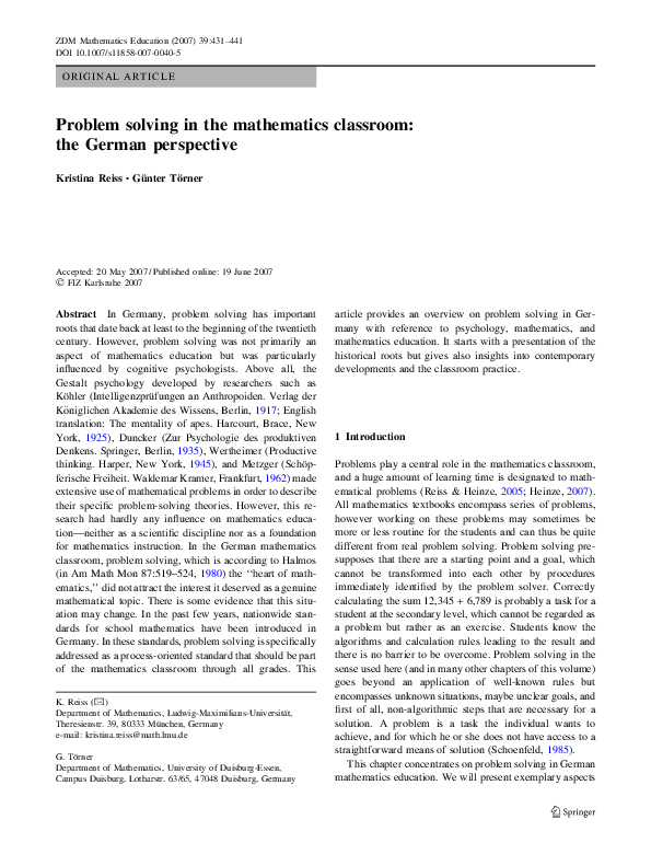 (PDF) Problem solving in the mathematics classroom: the German perspective