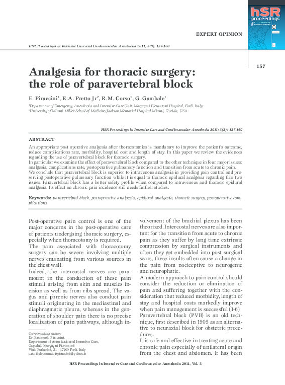 (PDF) Analgesia for thoracic surgery: the role of paravertebral block