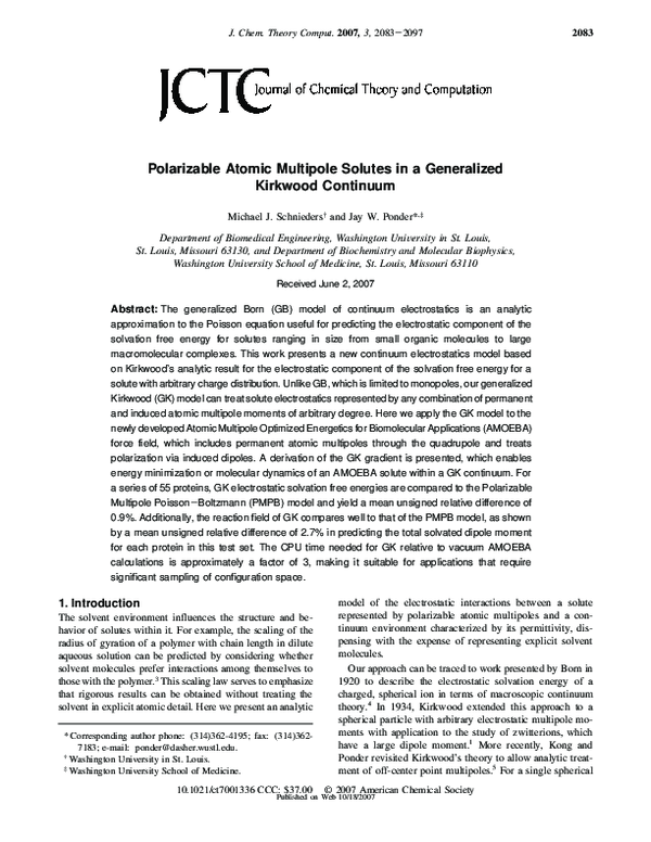 (PDF) Polarizable Atomic Multipole Solutes in a Generalized Kirkwood ...