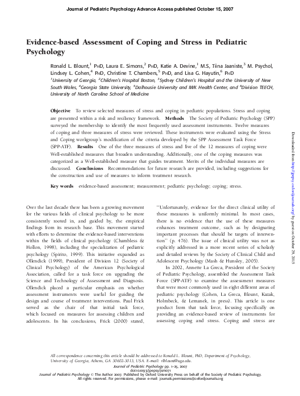 (PDF) Evidence-based Assessment of Coping and Stress in Pediatric ...