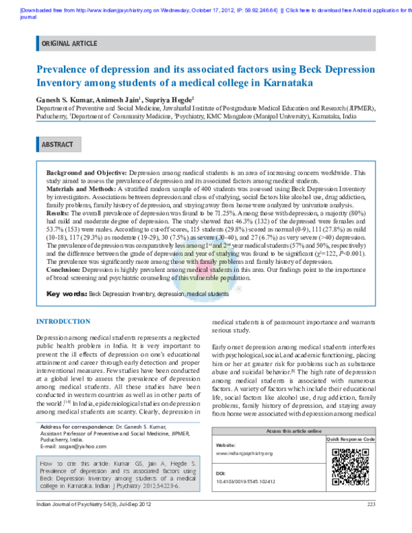 (PDF) Prevalence of depression and its associated factors using Beck ...