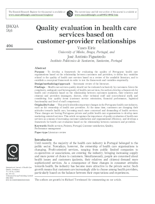 (PDF) Quality evaluation in health care services based on customer ...