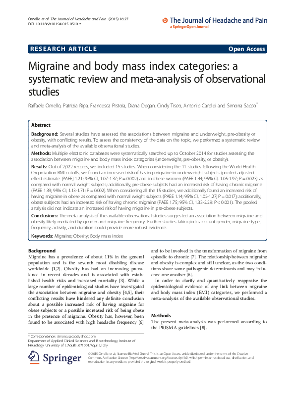 (PDF) Migraine and body mass index categories: a systematic review and ...