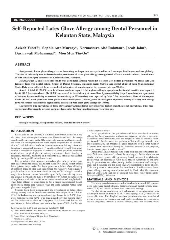 (PDF) SelfReported Latex Glove Allergy Among Dental Personnel In