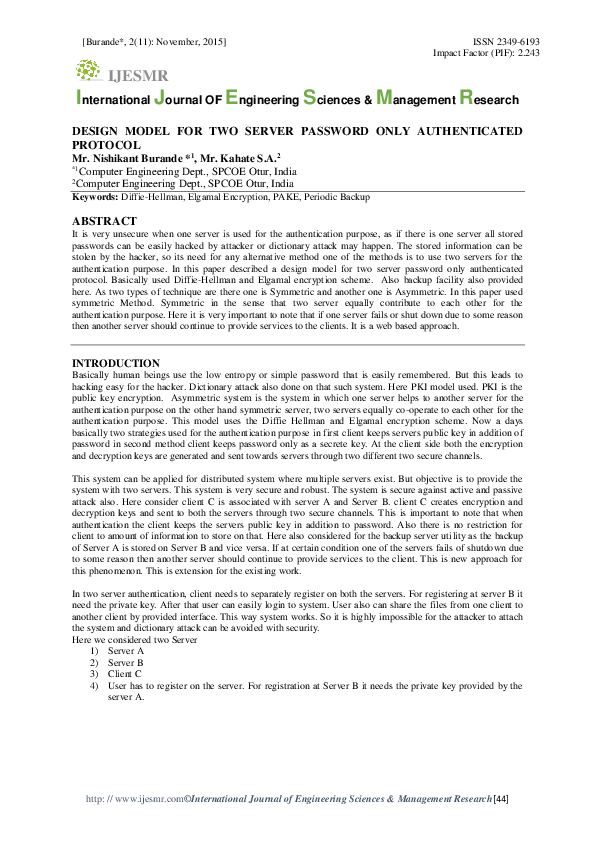 (PDF) DESIGN MODEL FOR TWO SERVER PASSWORD ONLY AUTHENTICATED PROTOCOL
