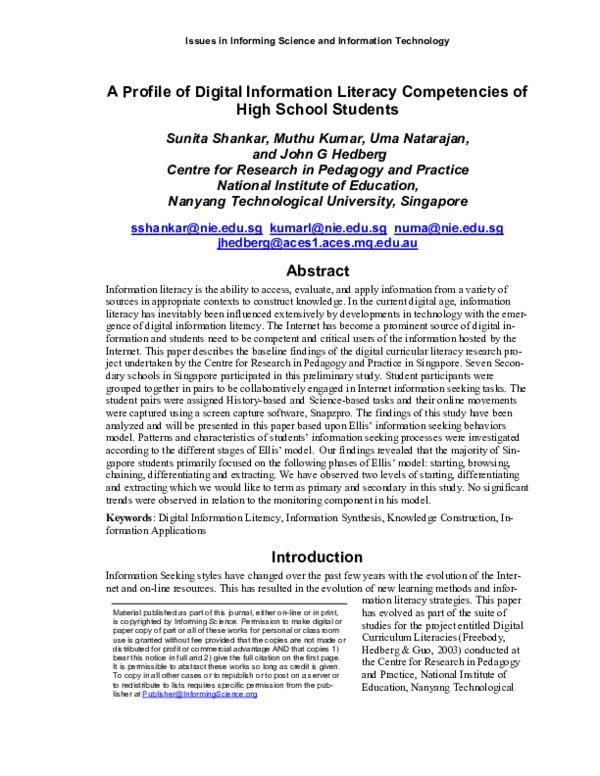 (PDF) A profile of digital information literacy competencies of high ...