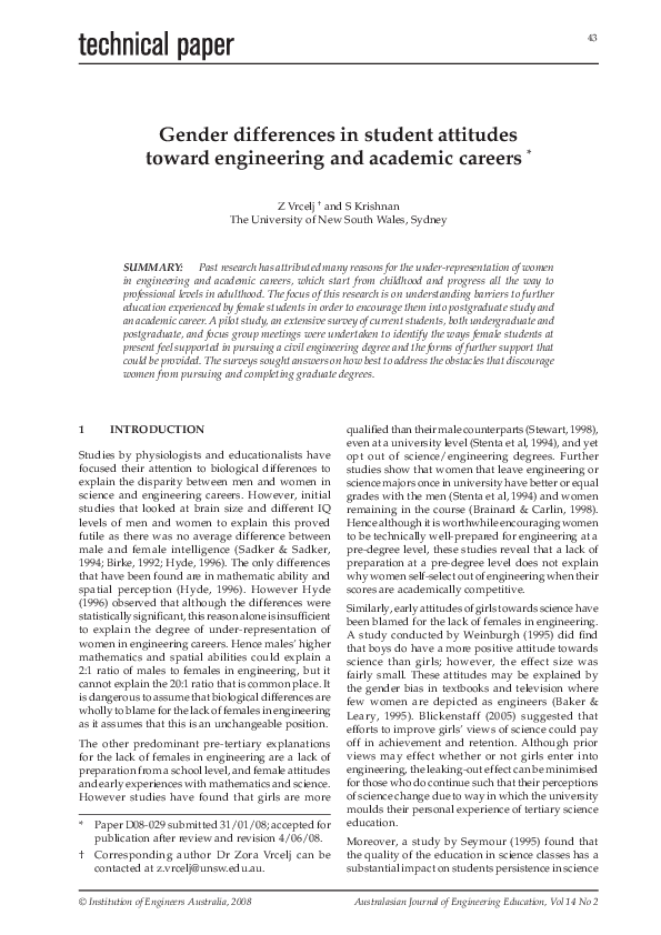 (PDF) Gender differences in student attitudes toward engineering and ...
