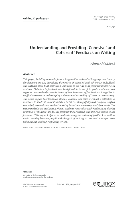 (PDF) Understanding and Providing ‘Cohesive’ and ‘Coherent’ Feedback on ...
