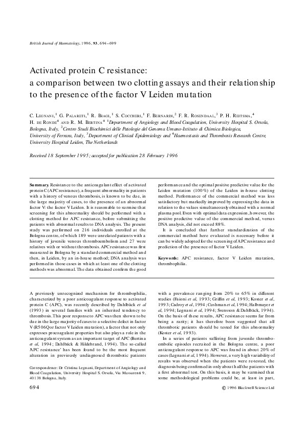 (PDF) Activated protein C resistance a comparison between two clotting