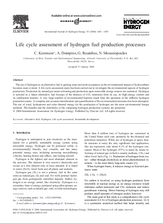 (PDF) Life cycle assessment of hydrogen fuel production processes