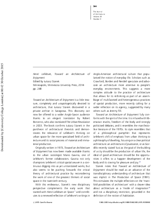 (PDF) Henri Lefebvre, Toward an Architecture of Enjoyment Camillo Boano Academia.edu