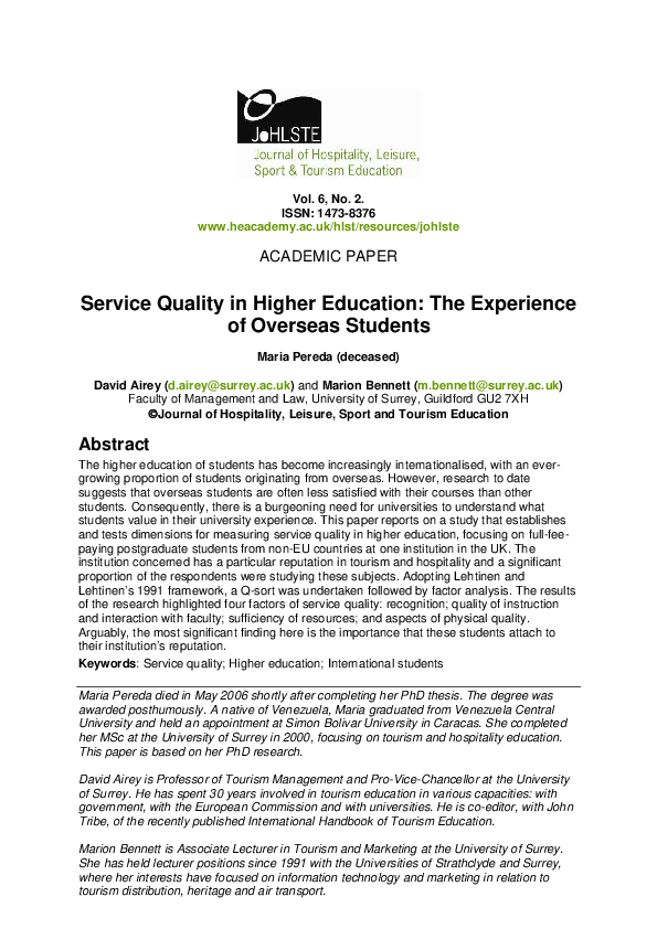 (PDF) Service Quality in Higher Education: The Experience of Overseas ...