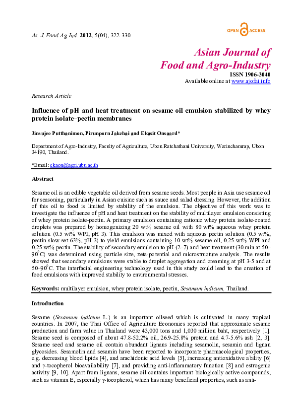 (PDF) Influence of pH and heat treatment on sesame oil emulsion ...