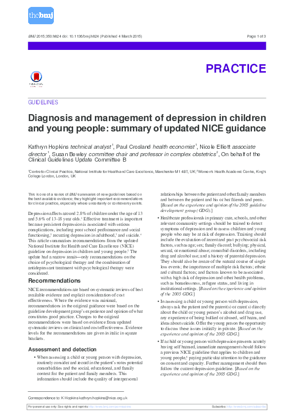 (PDF) Diagnosis and management of depression in children and young ...