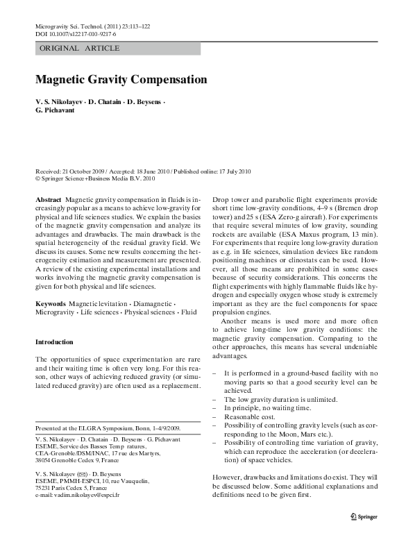 (PDF) Gravity Compensation Vadim Nikolayev, Daniel Beysens