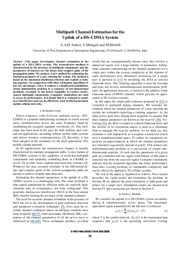 (PDF) Multipath channel estimation for the uplink of a DSCDMA system
