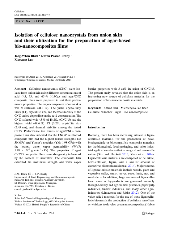 (PDF) Isolation of cellulose nanocrystals from onion skin and their ...