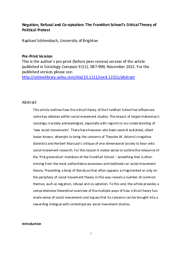  PDF Negation Refusal And Co Optation The Frankfurt School And 
