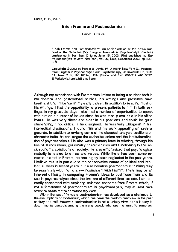 Pdf Erich Fromm And Postmodernism Harold B Davis Academia Edu