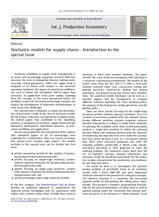 (PDF) Stochastic models for supply chains—Introduction to the special issue