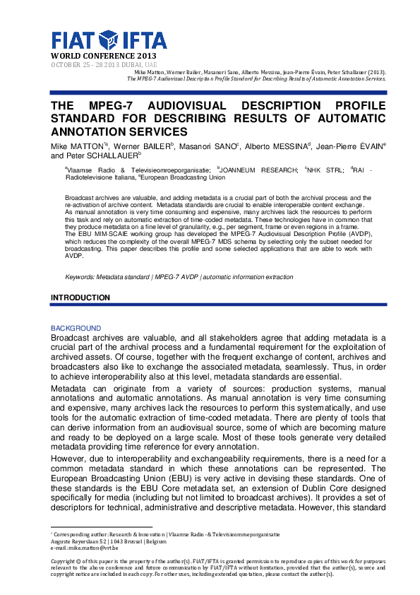 (PDF) The MPEG-‐7 Audiovisual Description Profile standard for ...