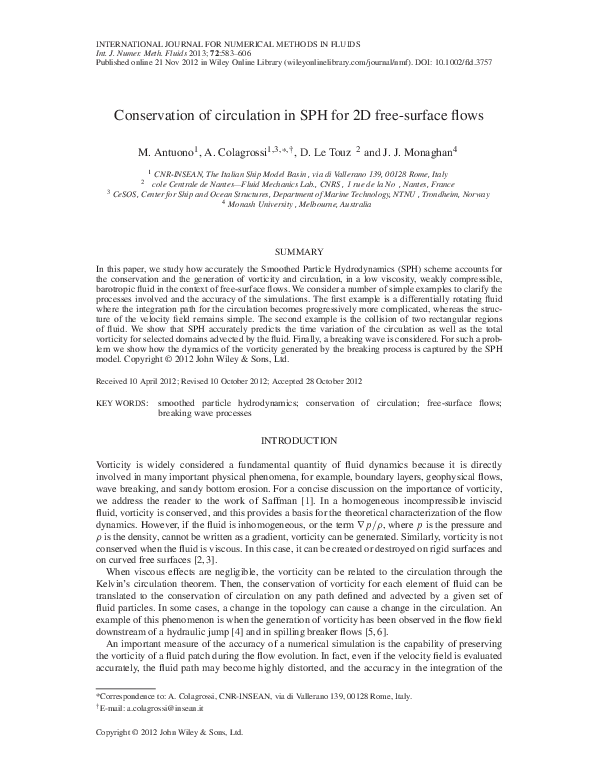 (PDF) Conservation of circulation in SPH for 2D free-surface flows