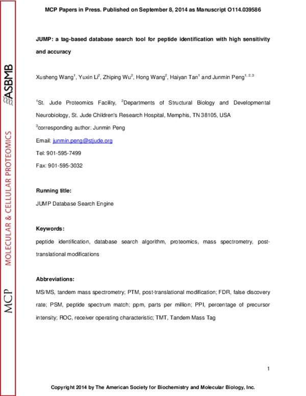 (PDF) JUMP: a tag-based database search tool for peptide identification ...