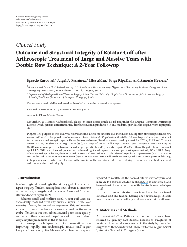 (PDF) Outcome and structural integrity of rotator cuff after ...