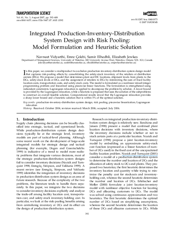 (PDF) Integrated Production-Inventory-Distribution System Design with ...