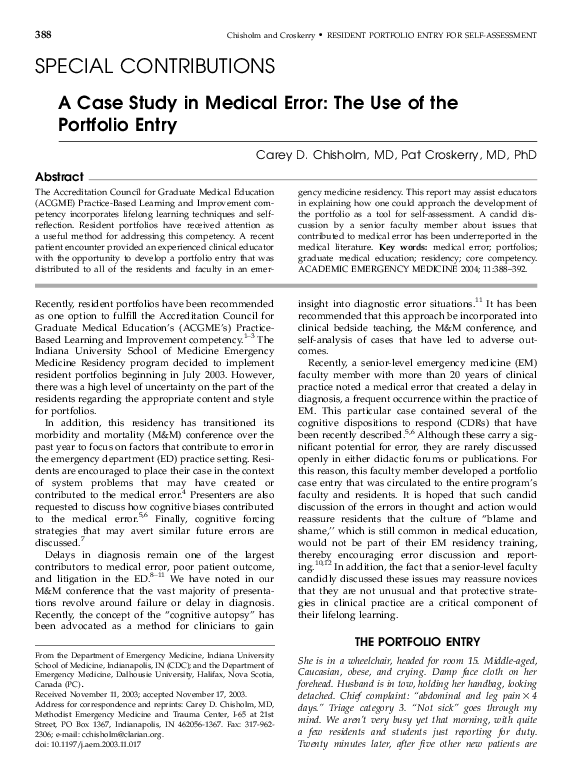 PDF) A Case Study in Medical Error: The Use of the Portfolio Entry